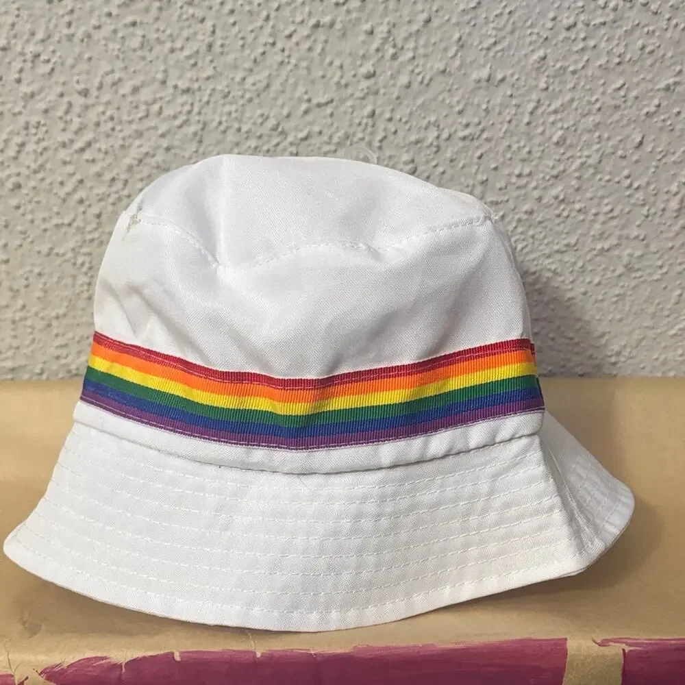 White Bucket Pride Hat with Rainbow Stripe Colorful Casual Dopamine Festival O/S